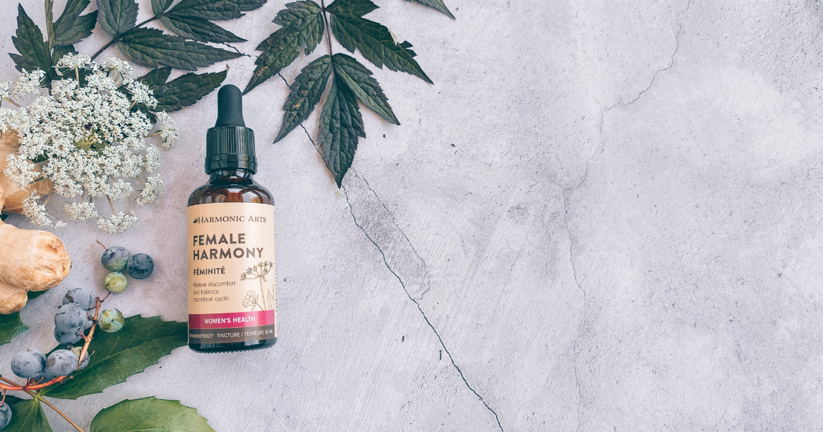 Herbs for Hormonal Harmony. Image features a lifestyle shot of Harmonic Arts' Female Harmony tincture blend next to the herbs mentioned within this blog.