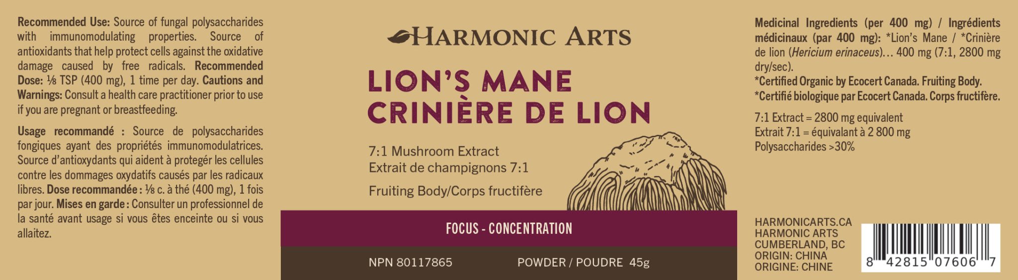 Lion's Mane Concentrated Mushroom Powder - Harmonic Arts